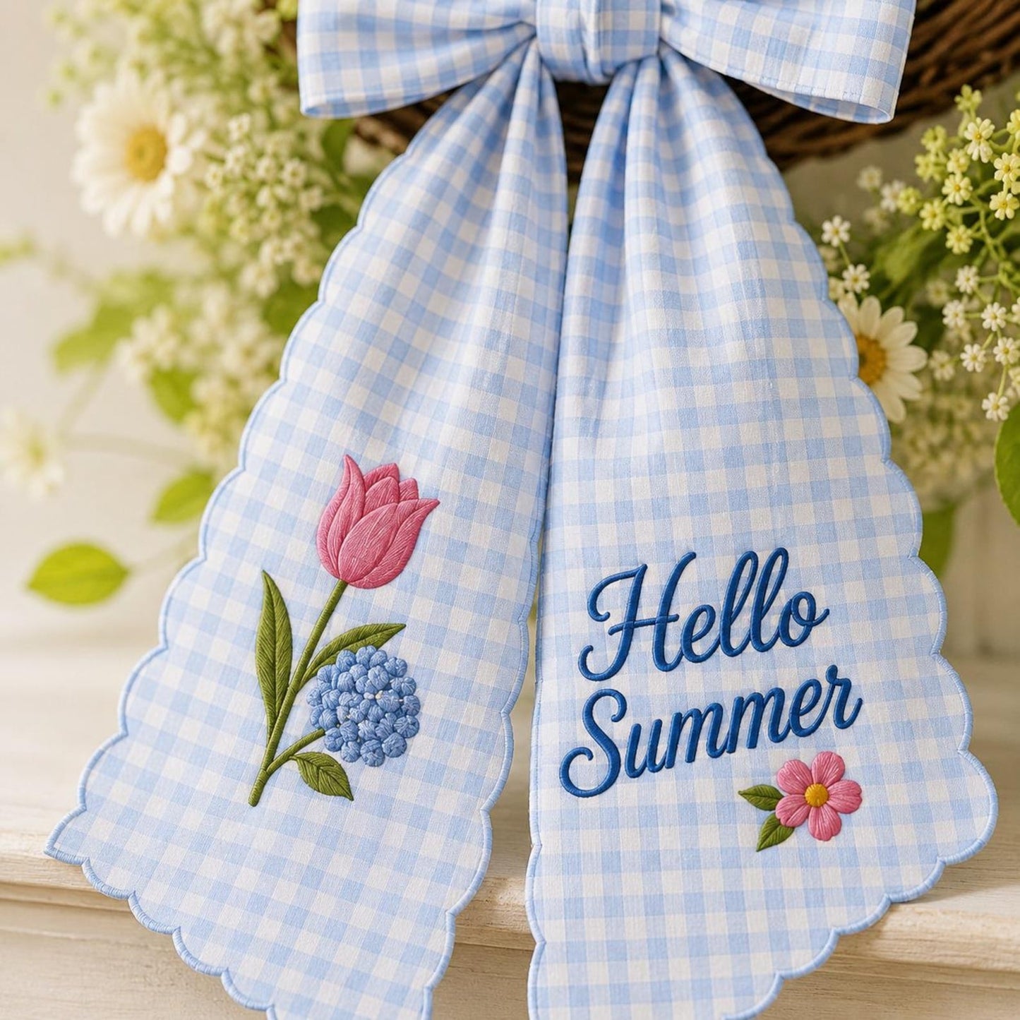 Hello Summer Wreath Sash, Personalized Blue Gingham Door Ribbon