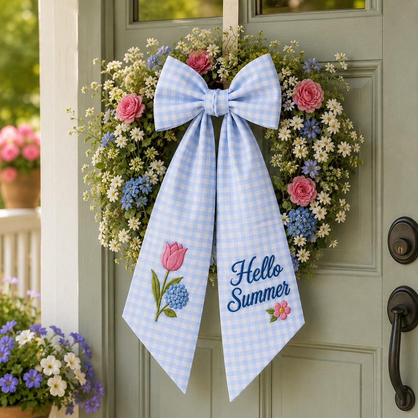 Hello Summer Wreath Sash, Personalized Blue Gingham Door Ribbon