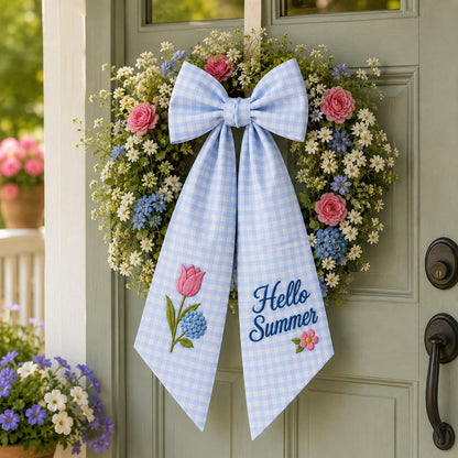 Hello Summer Wreath Sash, Personalized Blue Gingham Door Ribbon
