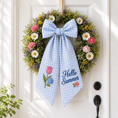 Hello Summer Wreath Sash, Personalized Blue Gingham Door Ribbon