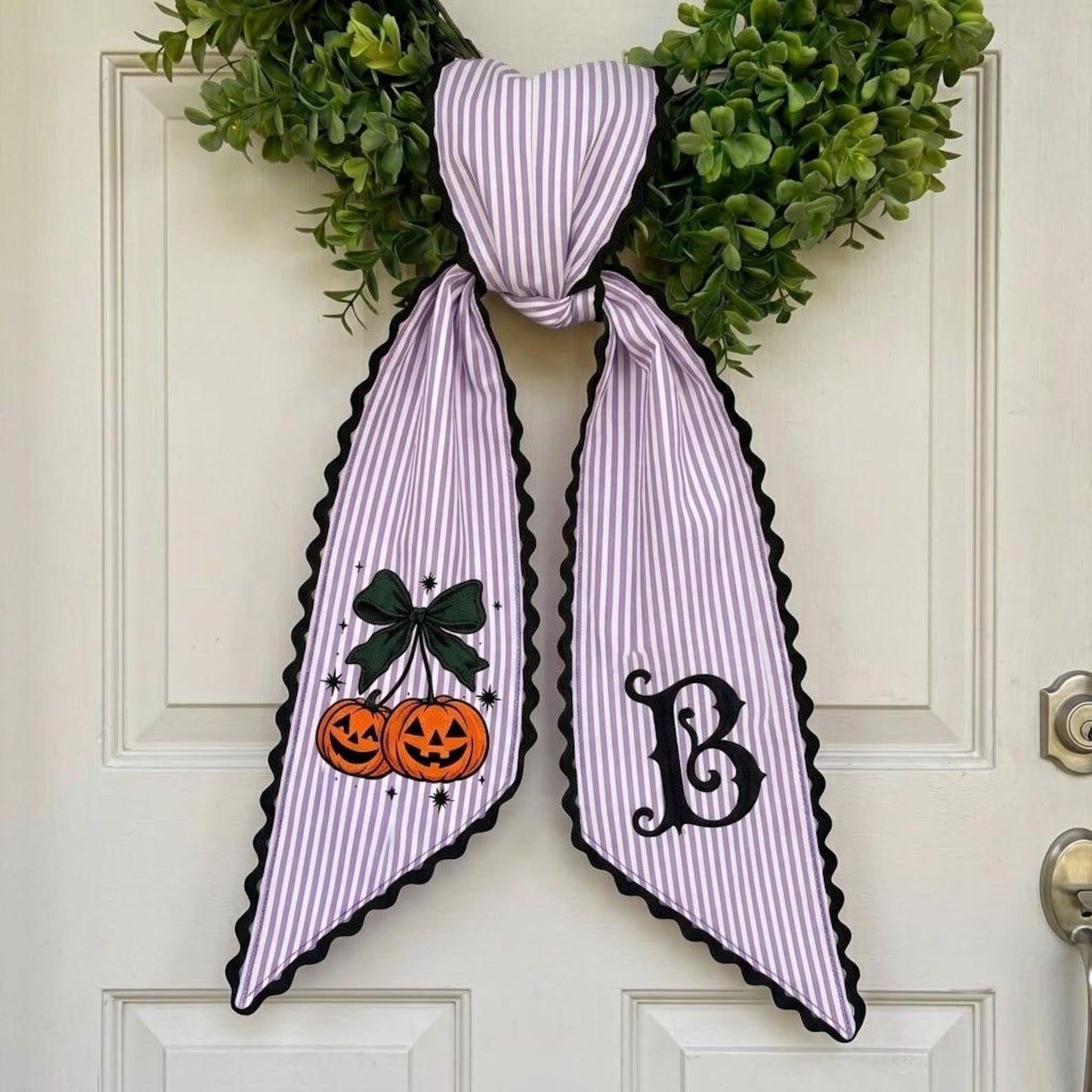 Custom Halloween Wreath Sash, Pumpkin Cherries Bow