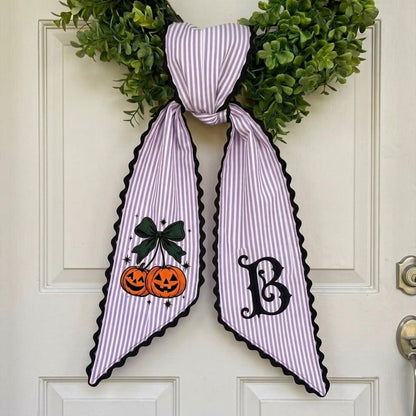 Custom Halloween Wreath Sash, Pumpkin Cherries Bow