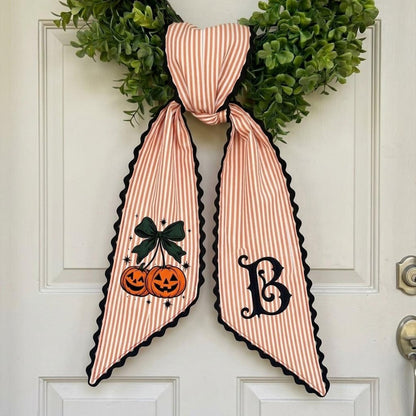 Custom Halloween Wreath Sash, Pumpkin Cherries Bow