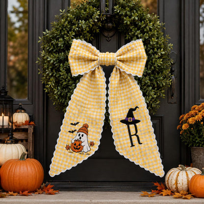 Halloween Bow Sash, Ghost Pumpkin Witch Hat Monogram Door Wreath Bow Wreath Sash