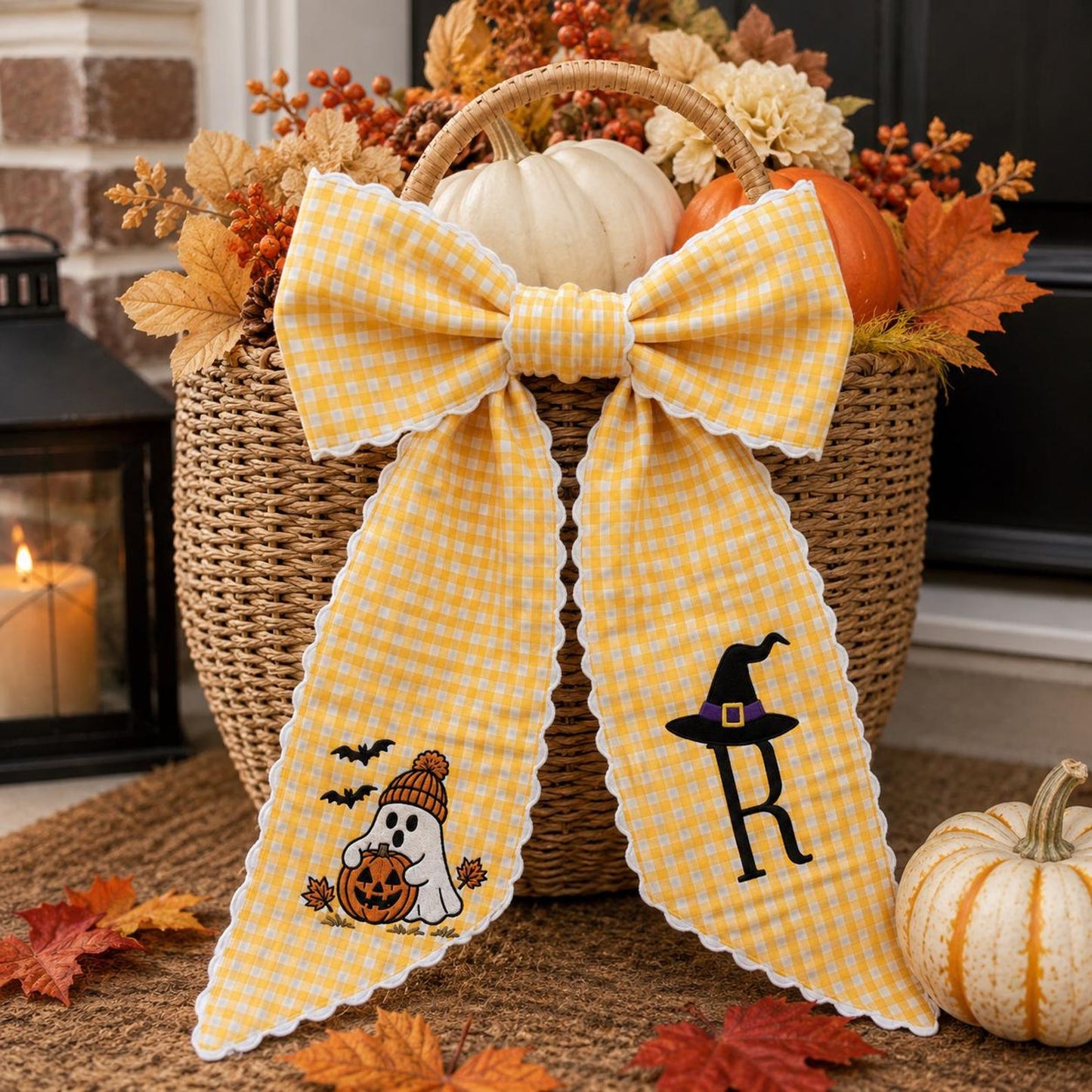 Halloween Bow Sash, Ghost Pumpkin Witch Hat Monogram Door Wreath Bow Wreath Sash