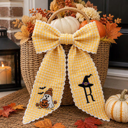 Halloween Bow Sash, Ghost Pumpkin Witch Hat Monogram Door Wreath Bow Wreath Sash