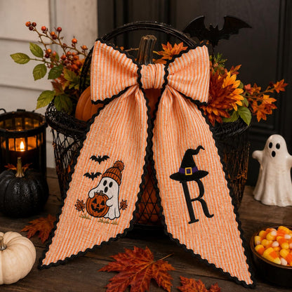 Halloween Bow Sash, Ghost Pumpkin Witch Hat Monogram Door Wreath Bow Wreath Sash