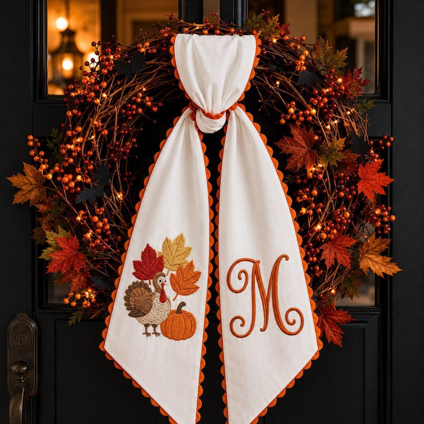 Personalized Thanksgiving Wreath Door Sash Wreath Sash, Custom Pumpkin Monogram Bow