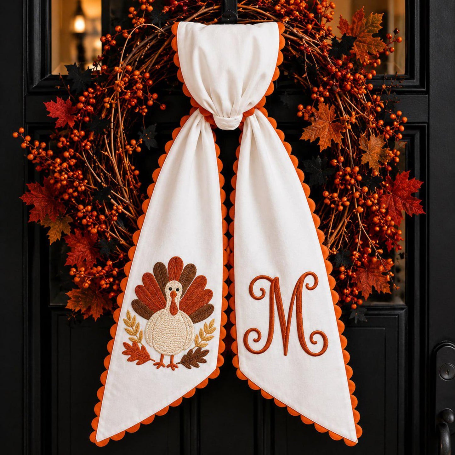 Custom Thanksgiving Door Sash Wreath Sash, Personalized Pumpkin Initial Wreath Bow
