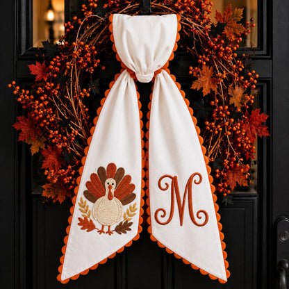 Custom Thanksgiving Door Sash Wreath Sash, Personalized Pumpkin Initial Wreath Bow