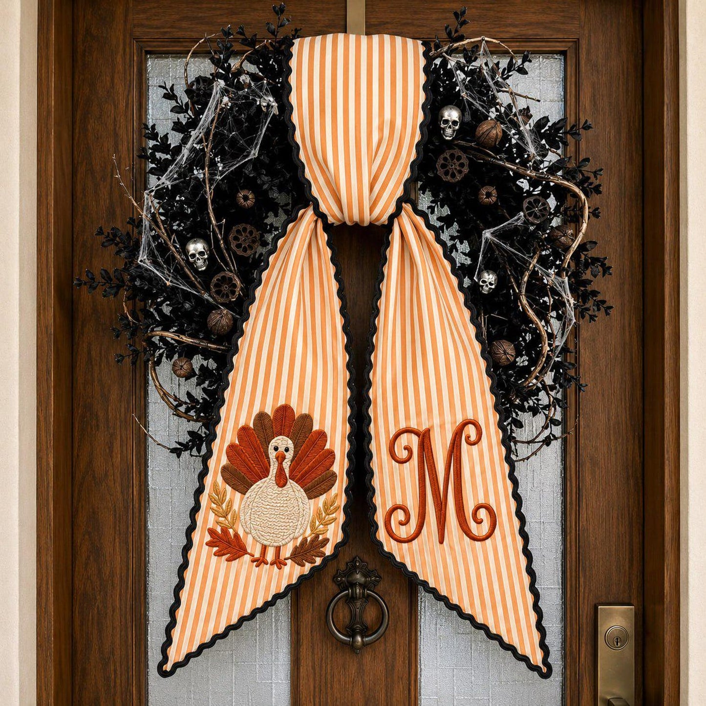 Custom Thanksgiving Door Sash Wreath Sash, Personalized Pumpkin Initial Wreath Bow