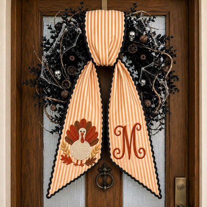 Custom Thanksgiving Door Sash Wreath Sash, Personalized Pumpkin Initial Wreath Bow