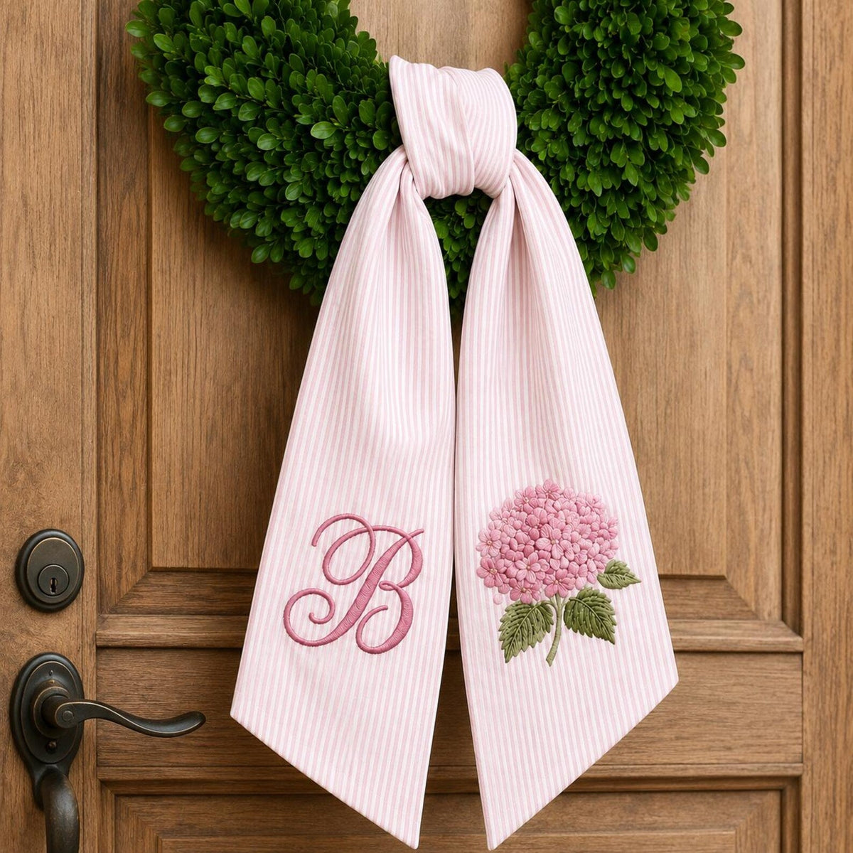 Personalized Hydrangea Wreath Sash, Custom Monogram Door Decor, Front Porch Wreath Bow