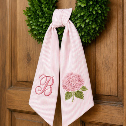 Personalized Hydrangea Wreath Sash, Custom Monogram Door Decor, Front Porch Wreath Bow