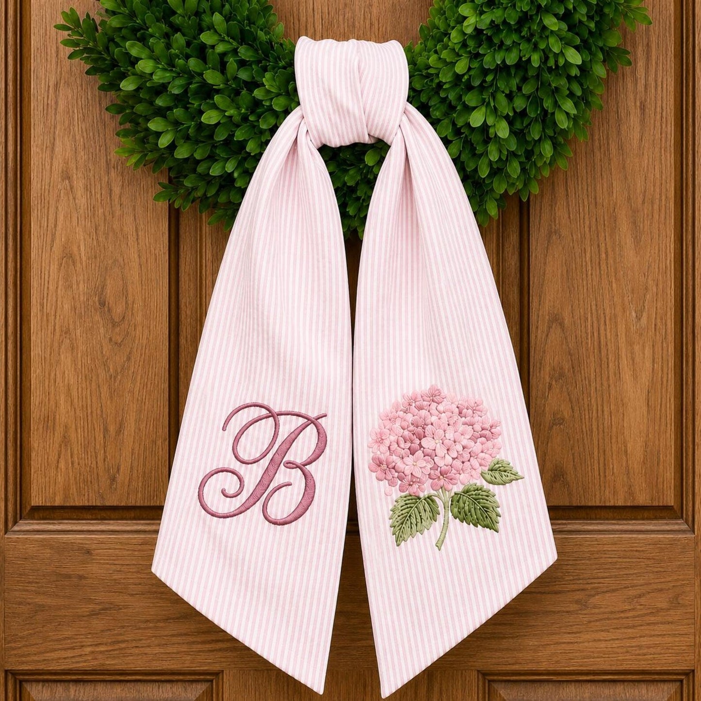 Personalized Hydrangea Wreath Sash, Custom Monogram Door Decor, Front Porch Wreath Bow