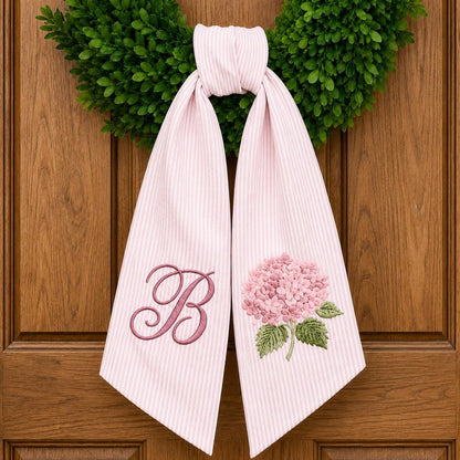 Personalized Hydrangea Wreath Sash, Custom Monogram Door Decor, Front Porch Wreath Bow