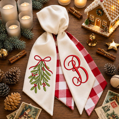 Monogram Wreath Sash, Mistletoe Christmas Ribbon Set, Red Gingham Tree Topper