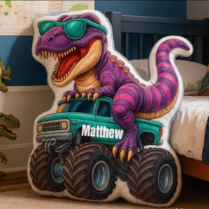 Personalized Dinosaur Driving Monster Truck Pillow