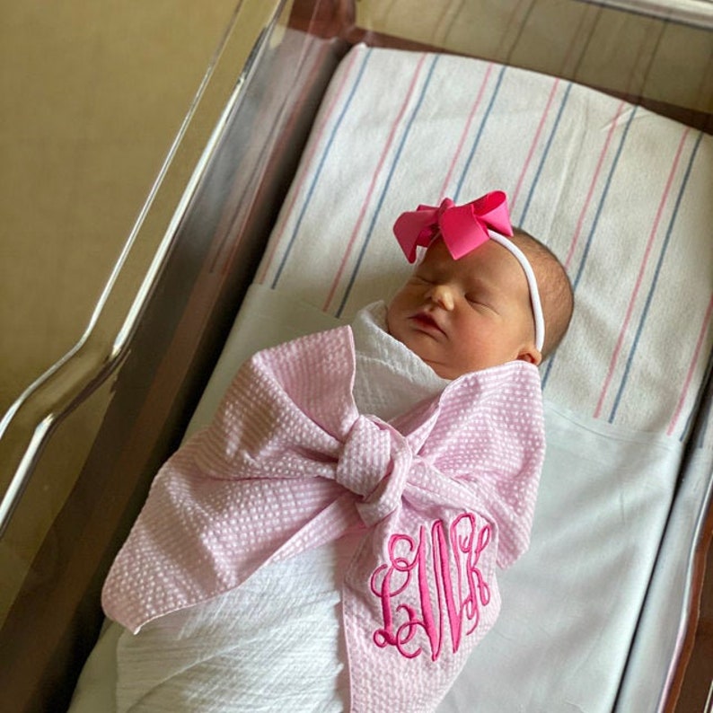 Monogrammed Newborn Infant Baby Seersucker Bow Sash Blanket