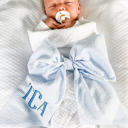 Monogrammed Newborn Infant Baby Seersucker Bow Sash Blanket
