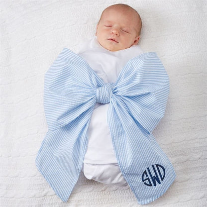 Monogrammed Newborn Infant Baby Seersucker Bow Sash Blanket