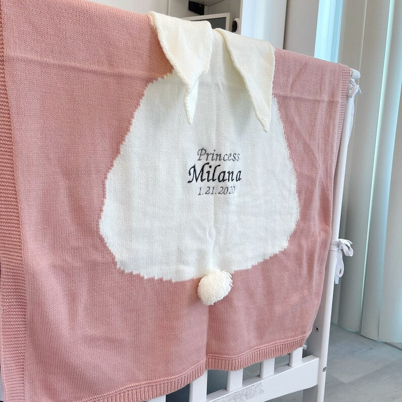 Personalized Knitted Baby Blanket: Embroidered Rabbit Design