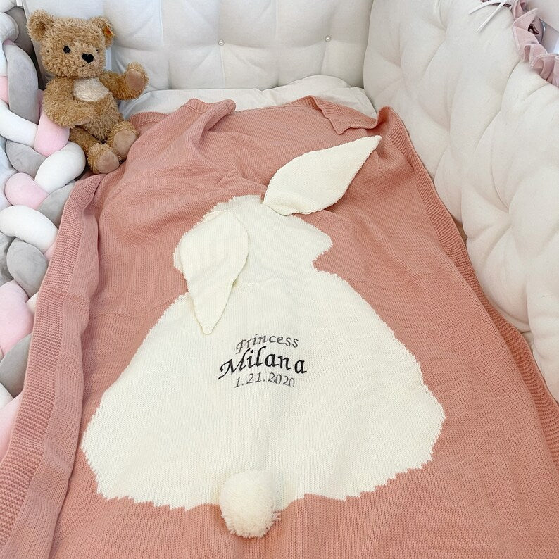 Personalized Knitted Baby Blanket: Embroidered Rabbit Design