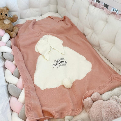 Personalized Knitted Baby Blanket: Embroidered Rabbit Design