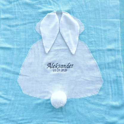 Personalized Knitted Baby Blanket: Embroidered Rabbit Design