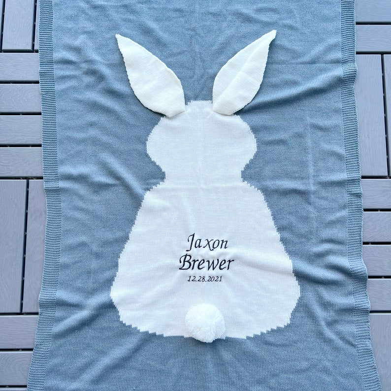 Personalized Knitted Baby Blanket: Embroidered Rabbit Design