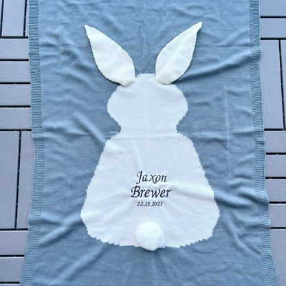 Personalized Knitted Baby Blanket: Embroidered Rabbit Design