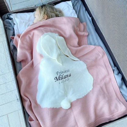 Personalized Knitted Baby Blanket: Embroidered Rabbit Design