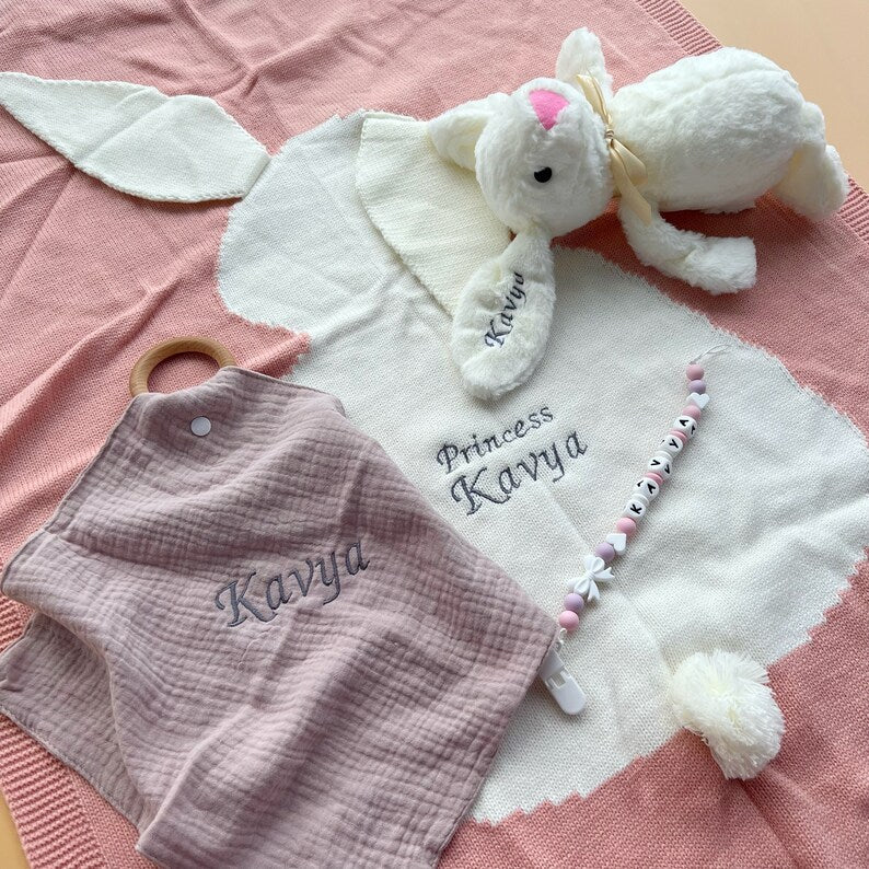 Personalized Knitted Baby Blanket: Embroidered Rabbit Design