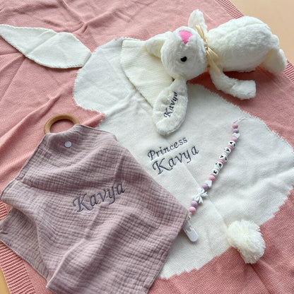 Personalized Knitted Baby Blanket: Embroidered Rabbit Design