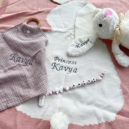 Personalized Knitted Baby Blanket: Embroidered Rabbit Design