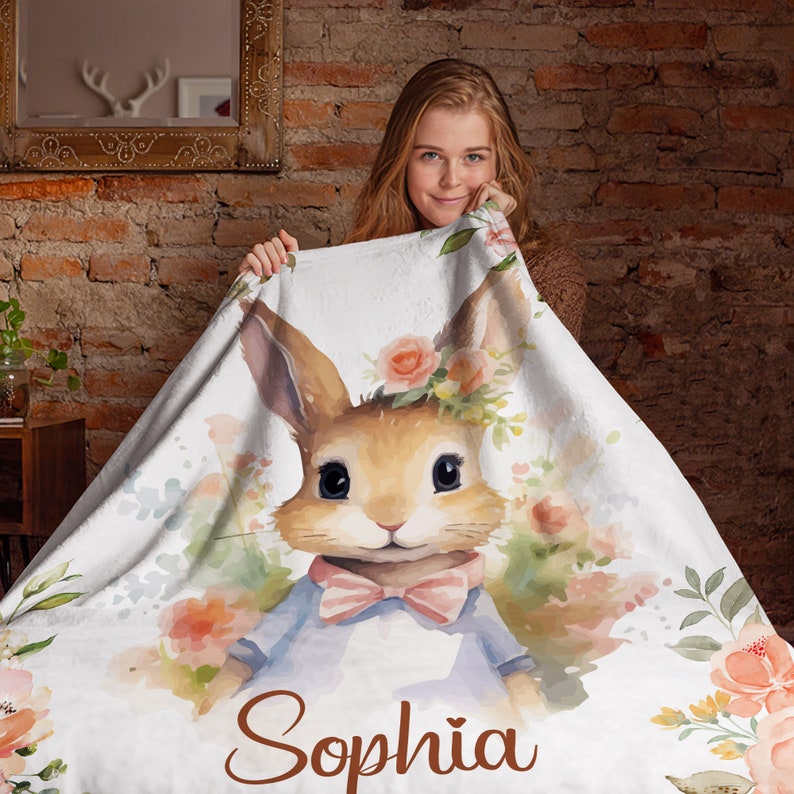 Personalized Baby Girl Blanket: Rose Flower Bunny Rabbit Easter Blanket