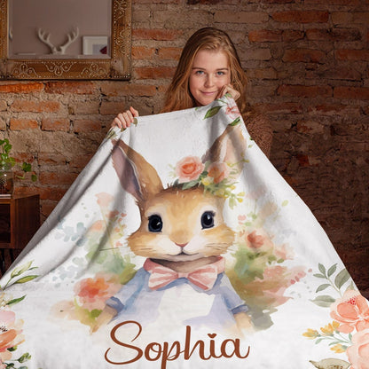 Personalized Baby Girl Blanket: Rose Flower Bunny Rabbit Easter Blanket