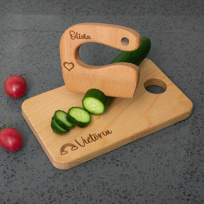 Engraved Wooden Kids Knife and Cutting Board