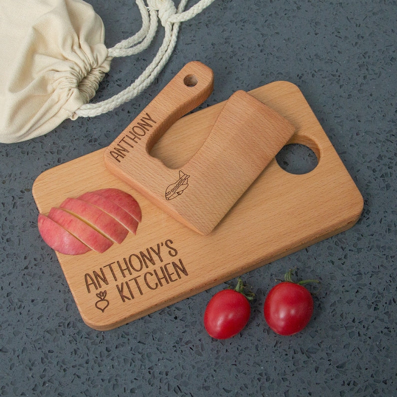 Engraved Wooden Kids Knife and Cutting Board