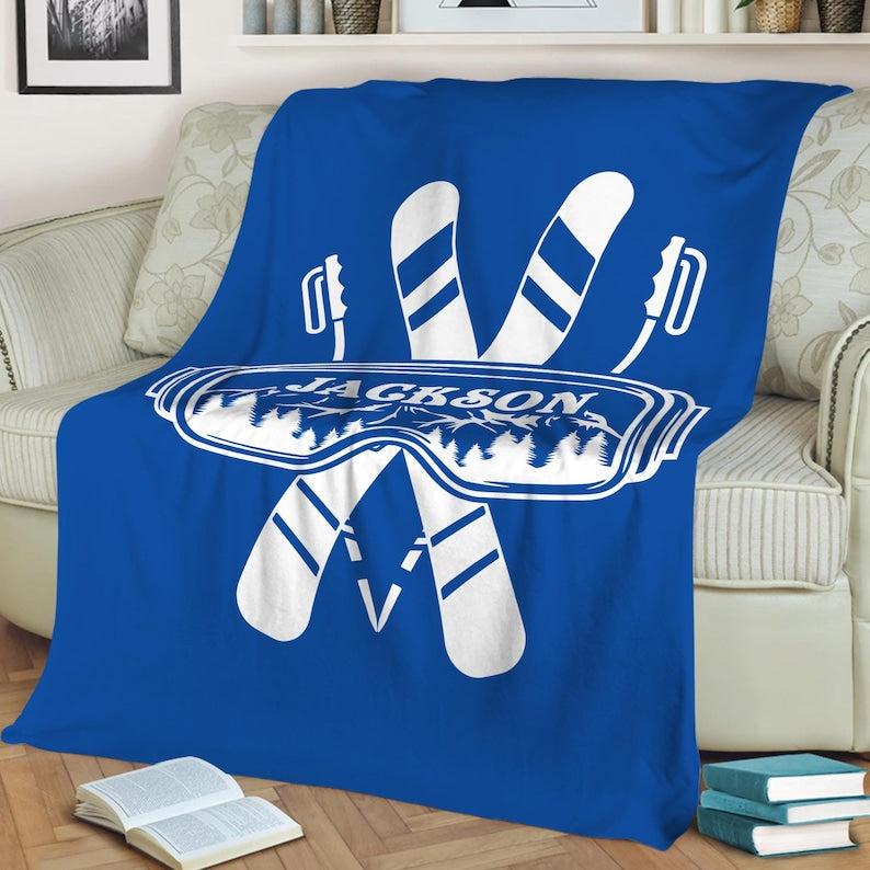 Personalized Skiing Blanket, Custom Name Soft Cozy Sherpa Fleece Throw Blankets