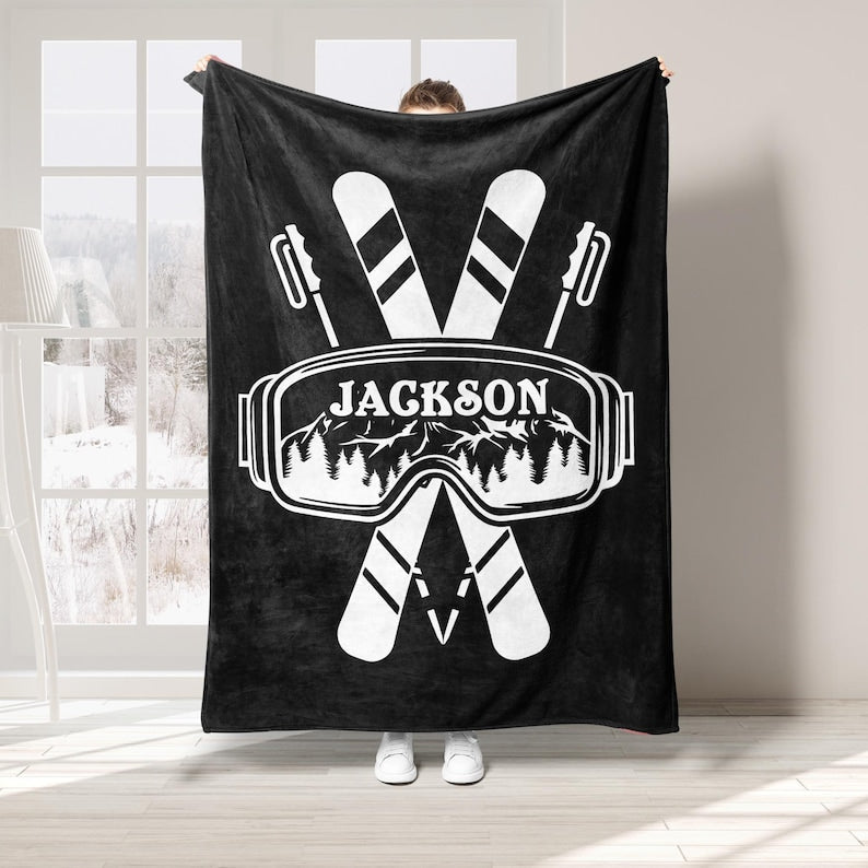 Personalized Skiing Blanket, Custom Name Soft Cozy Sherpa Fleece Throw Blankets