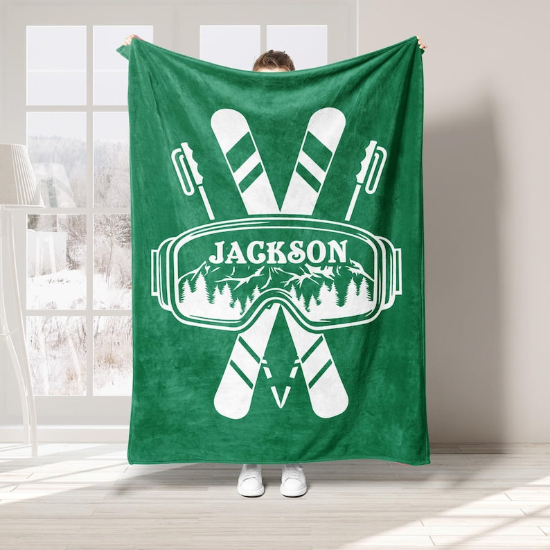 Personalized Skiing Blanket, Custom Name Soft Cozy Sherpa Fleece Throw Blankets
