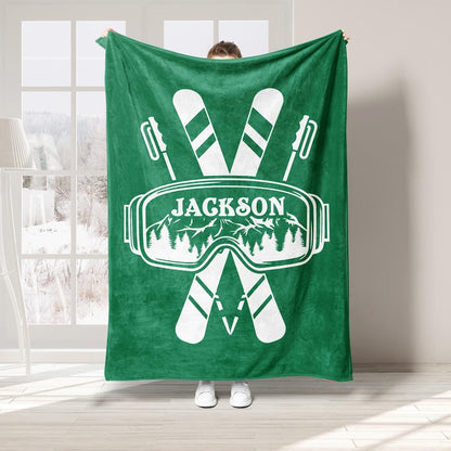 Personalized Skiing Blanket, Custom Name Soft Cozy Sherpa Fleece Throw Blankets