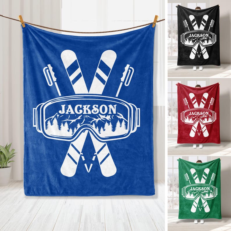 Personalized Skiing Blanket, Custom Name Soft Cozy Sherpa Fleece Throw Blankets
