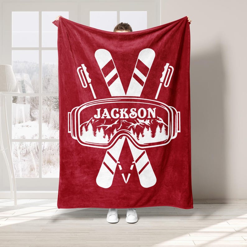 Personalized Skiing Blanket, Custom Name Soft Cozy Sherpa Fleece Throw Blankets
