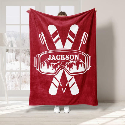 Personalized Skiing Blanket, Custom Name Soft Cozy Sherpa Fleece Throw Blankets