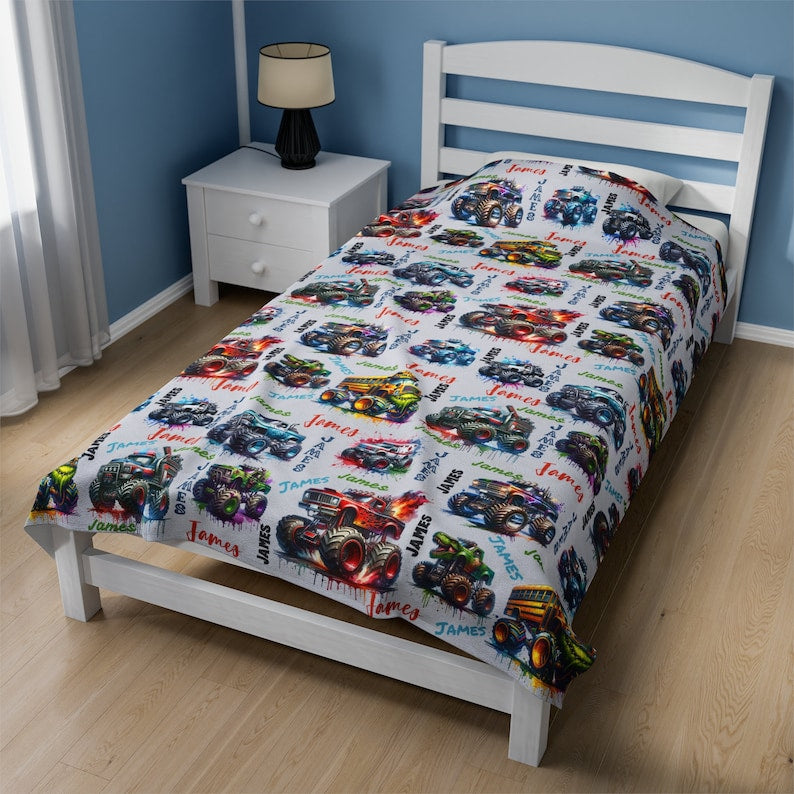 Personalized Monster Truck Blanket, Custom Boys' Name Throw