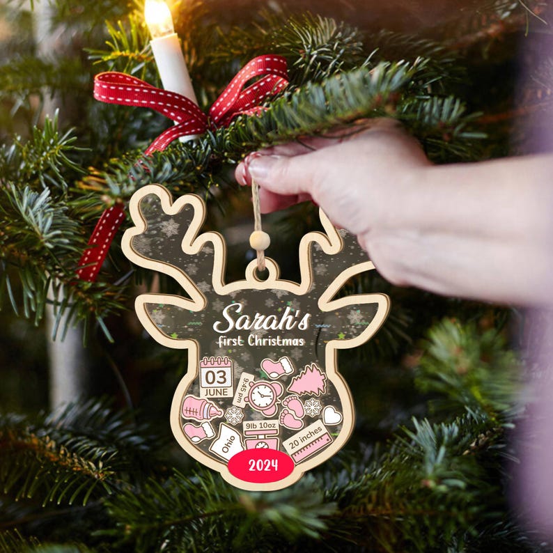 Customize Reindeer Baby 1st Christmas Ornament, 4D Shaker Baby Shower Gift