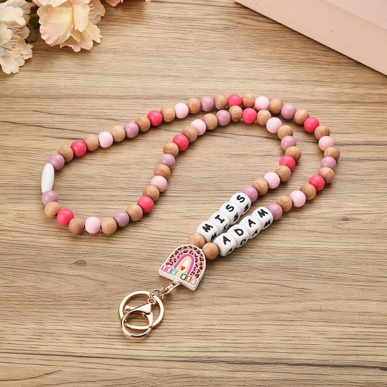Personalized Teacher ID Lanyard,Custom Rainbow Teacher Lanyard Beaded