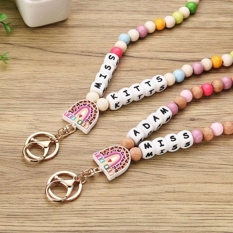 Personalized Teacher ID Lanyard,Custom Rainbow Teacher Lanyard Beaded